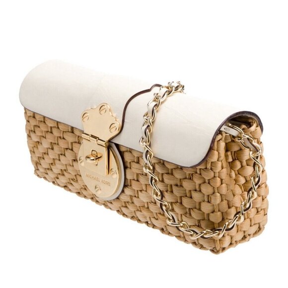 Michael Kors Handbags - MICHAEL KORS Straw Raffia Bag Tote Handbag Clutch Gold Leather Chain Party